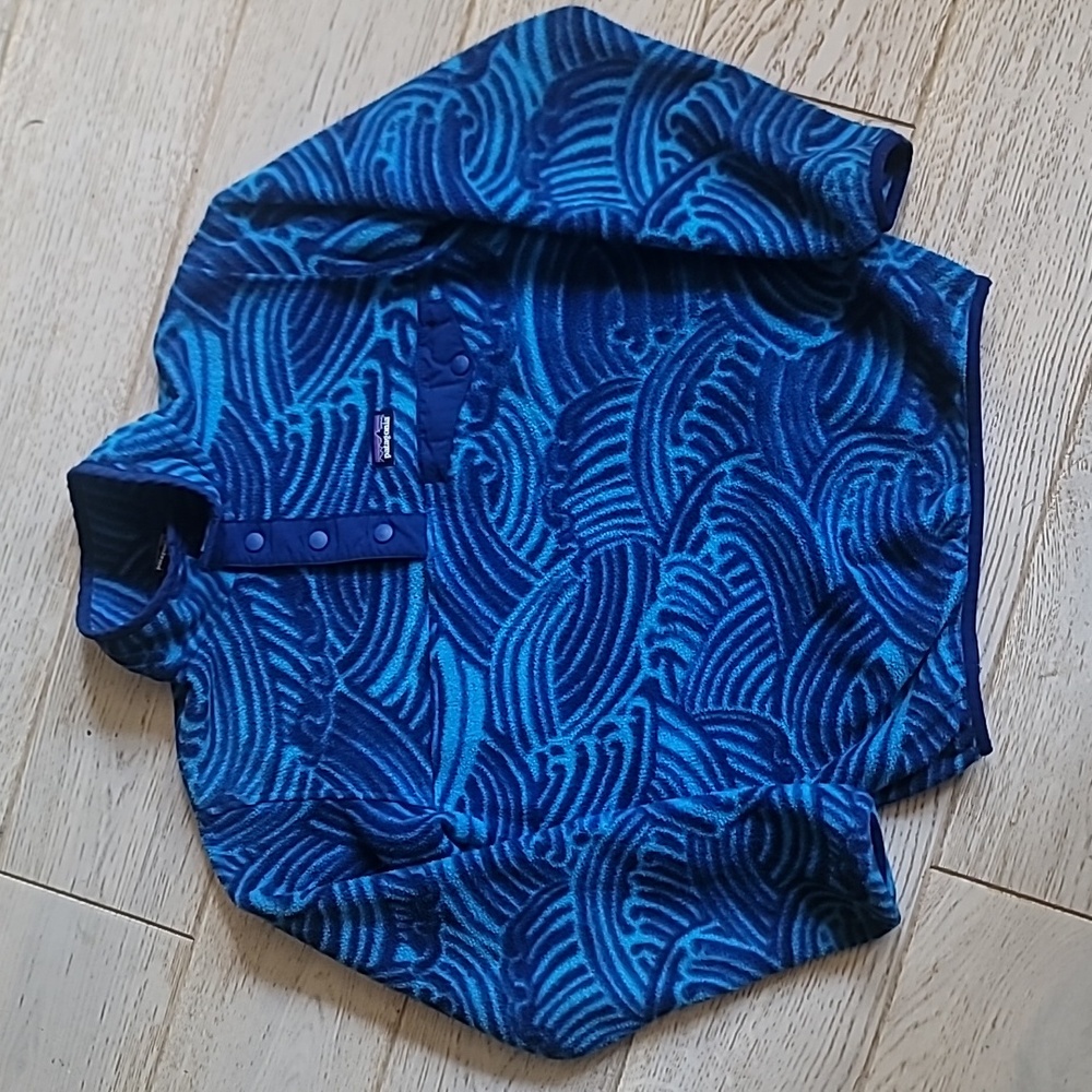 🌊 Patagonia Wave Print Synchilla Snap-T pullover fleece kids size L 12